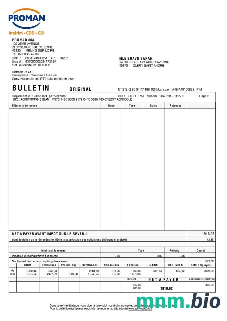 Szablon Proman recrutement payslip (w języku francuskim) w formatach Word i PDF, Wersja 2, 2